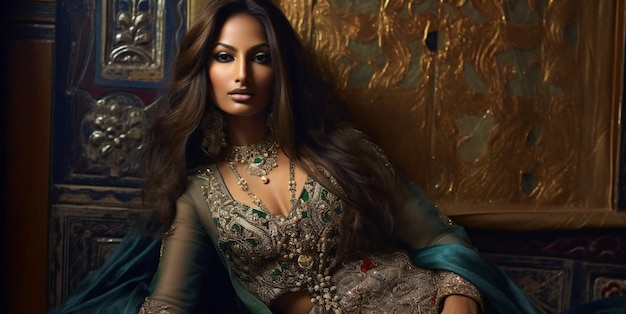 Beautiful young brunette woman in indian dress sitting in a luxury rich interior