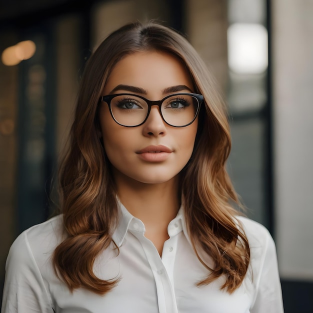 beautiful young business woman in eyeglasses looks