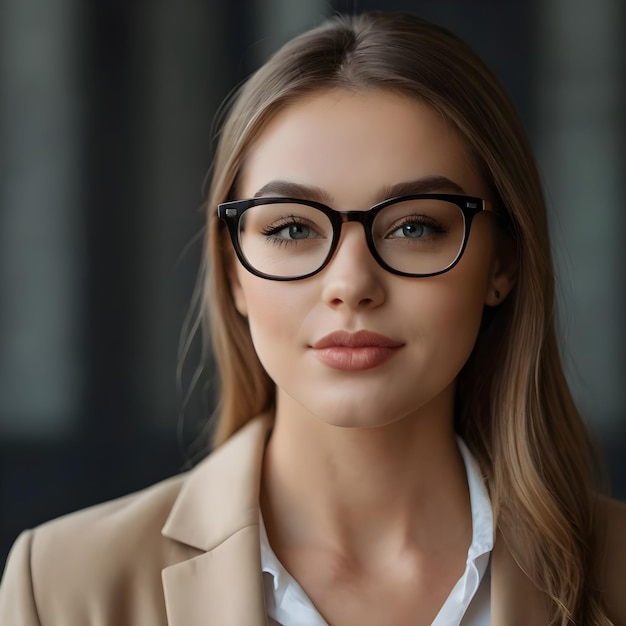 beautiful young business woman in eyeglasses looks