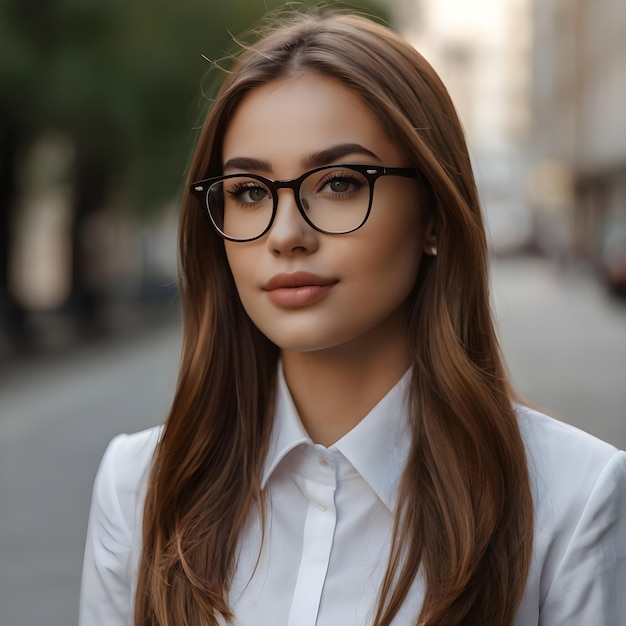 beautiful young business woman in eyeglasses looks