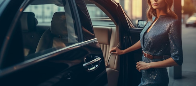 Beautiful young businesswoman standing in luxury car and looking awaygenerative ai