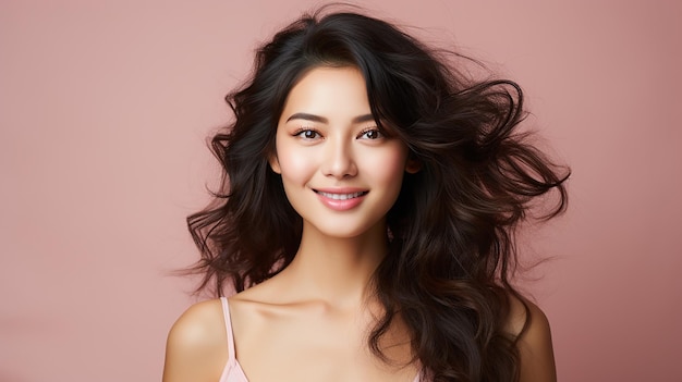 Beautiful young caucasian asian woman smile with clean fresh skin face natural makeup cosmetology