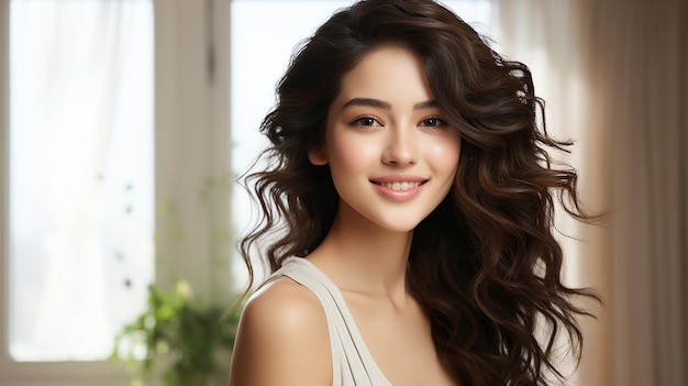 Beautiful young caucasian asian woman smile with clean fresh skin face natural makeup cosmetology