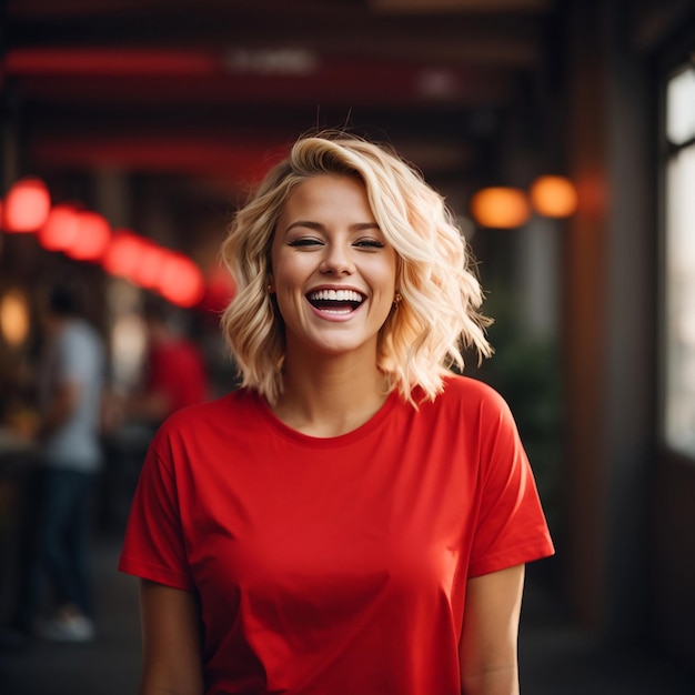 A beautiful young Caucasian girl wearing casual red t shirt looking confident with smile