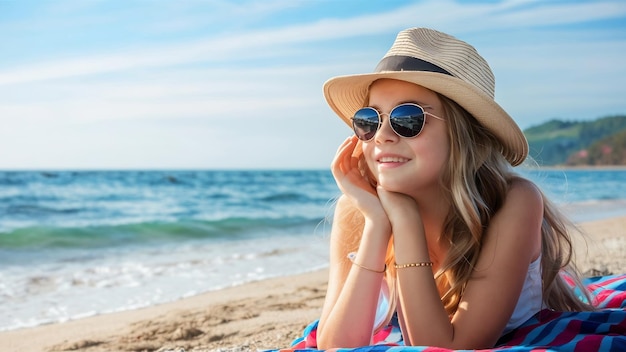 Beautiful young cheerful girl in hat and sunglasses rests at morning beach