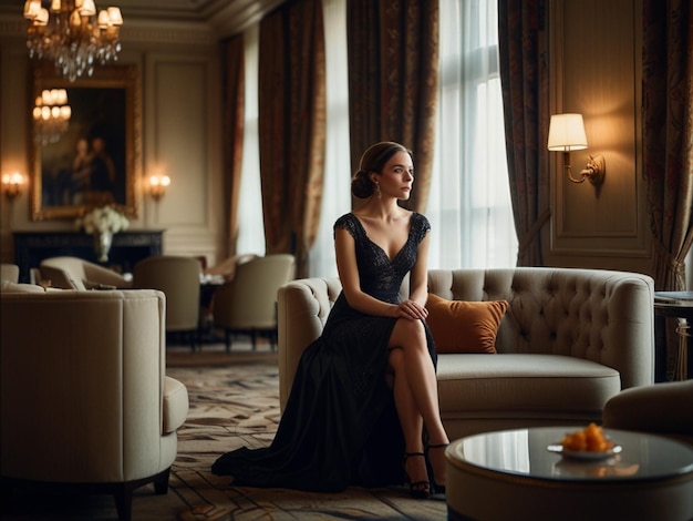 Photo beautiful young chinese woman in cheongsam sitting on sofa