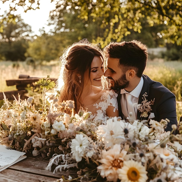 Beautiful young couple bride and groom celebrating their wedding day outdoors