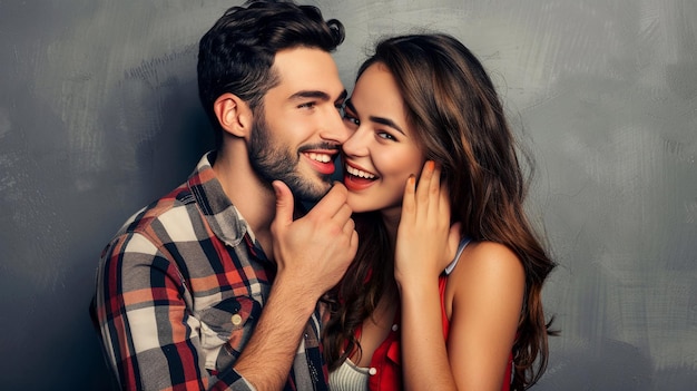 Beautiful young couple in love is hugging and smiling while standing against grey background