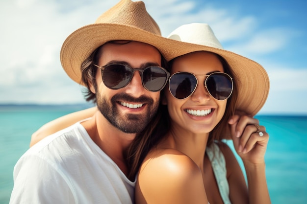 Beautiful young couple in sunglasses and hats on the beach looking at camera Caucasian perfect couple smiling on vacation Luxury travel concept AI Generated