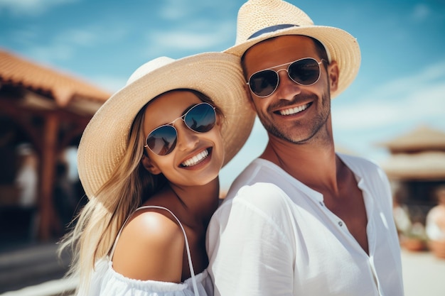 Beautiful young couple in sunglasses and hats is hugging on the beach Caucasian perfect couple smiling on vacation Luxury travel concept AI Generated