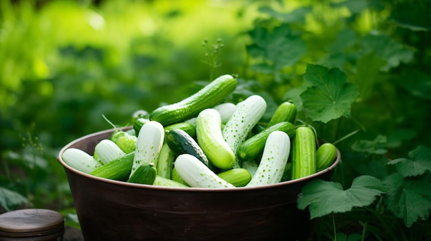 Beautiful young cucumbers in a white plastic bucket