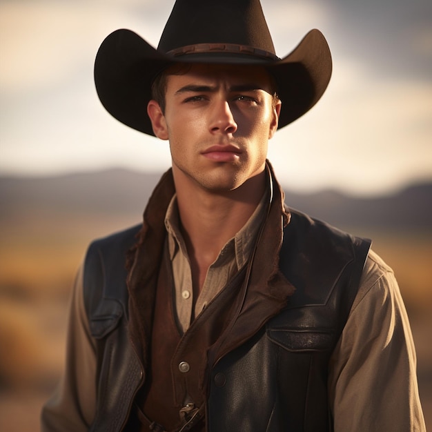 A beautiful Young Cute and Handsome Cowboy posing with hot Sixpack 4K hyperrealistic cinematic