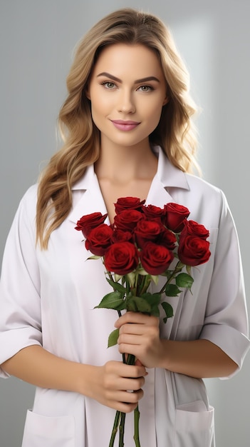 Beautiful young female doctor holding flower for Valentines Day in a white backdrop Generative AI