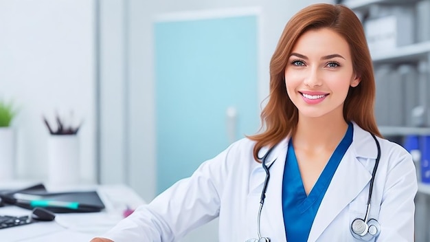 Beautiful young female doctor looking at camera in the office