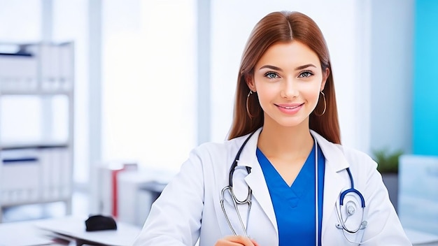 Beautiful young female doctor looking at camera in the office