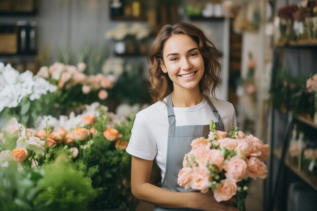 beautiful young florist holding bouquet of flowers in flower shop