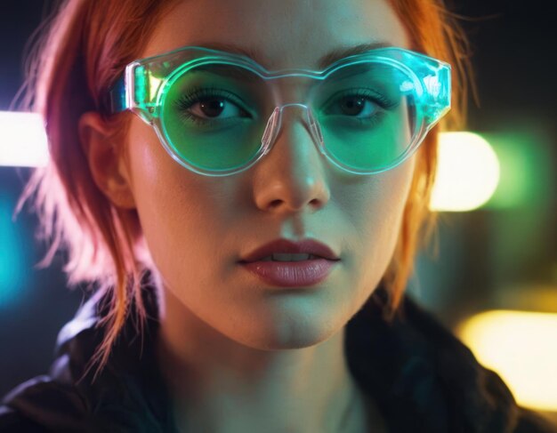 Beautiful Young ginger Woman wearing futuristic glowing neon cast translucent glasses