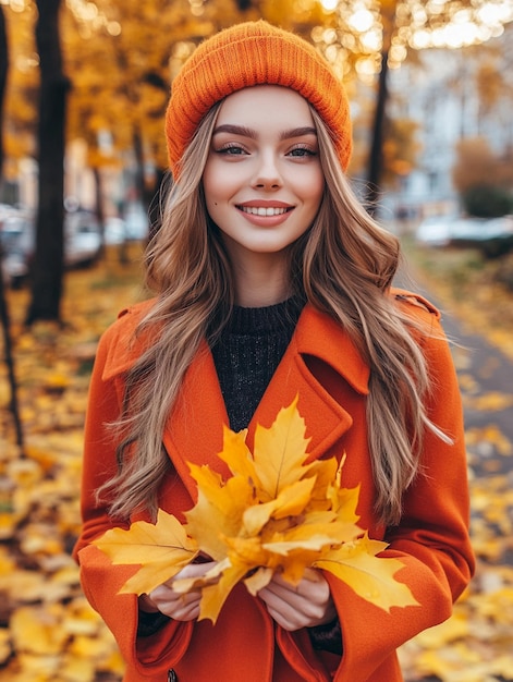 Beautiful young girl in fashionable clothes with autumn leaves Autumn lady with yellow leaves Autumn foliage Autumn clothes for women Smiling woman in orange coat with leaves