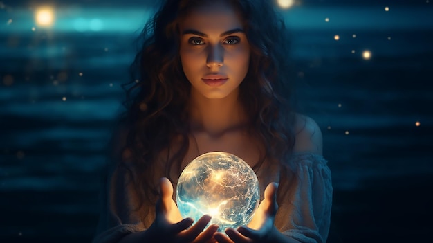 Beautiful young girl holding a globe of moon in her hands at night with romantic scenery