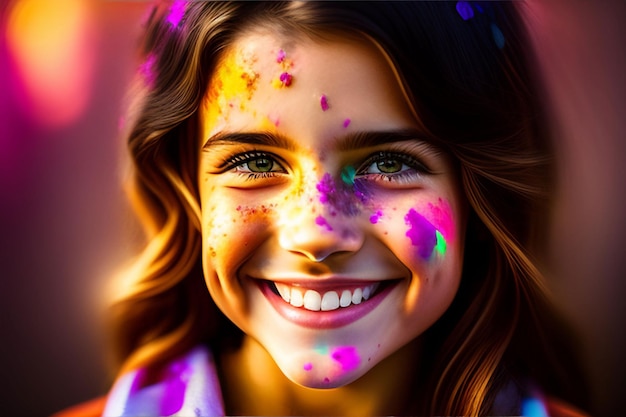 Beautiful young girl Holi paint fest with colorful powder covering her face and a cloud of dust.