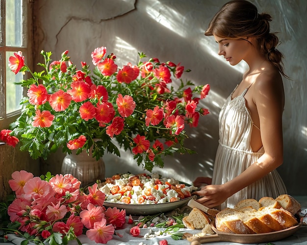 Beautiful young girl near the table with a plate of vegetable salad