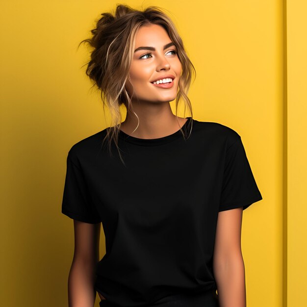 Beautiful young girl in posing in black tshirt isolated yellow background