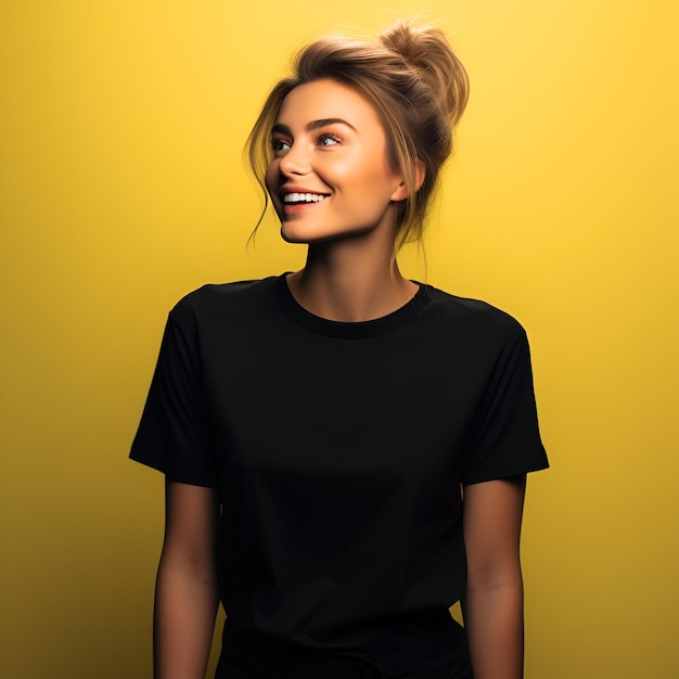 Beautiful young girl in posing in black tshirt isolated yellow background