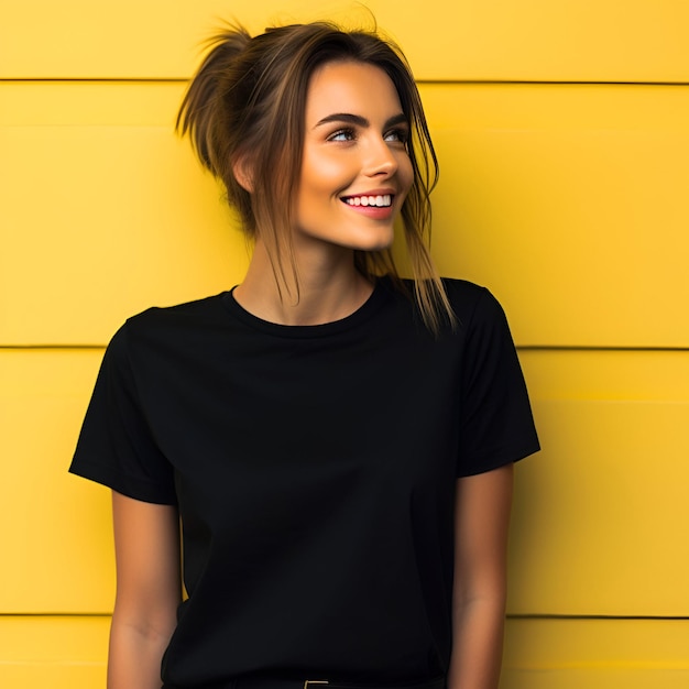 Beautiful young girl in posing in black tshirt isolated yellow background