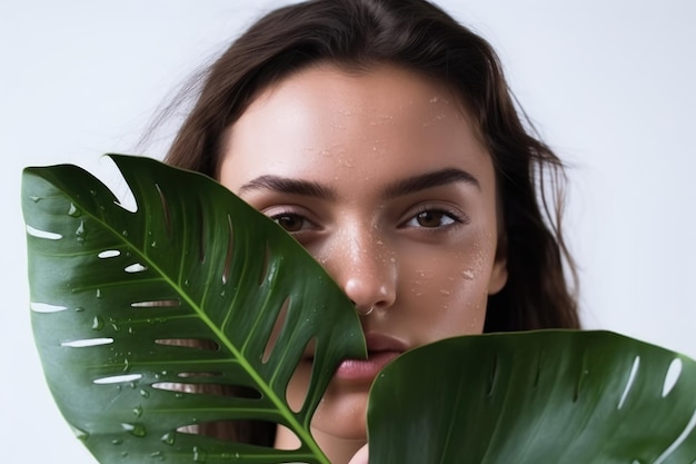 A beautiful young girl in a studio against a white with leaves monstera