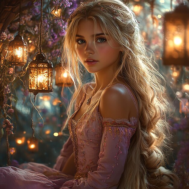 Photo a beautiful young girl in the style of rapunzel from disneys animated movie tangled is sitting on a