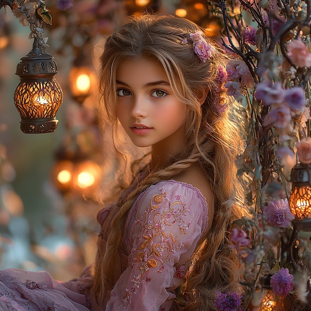 Photo a beautiful young girl in the style of rapunzel from disneys animated movie tangled is sitting on a