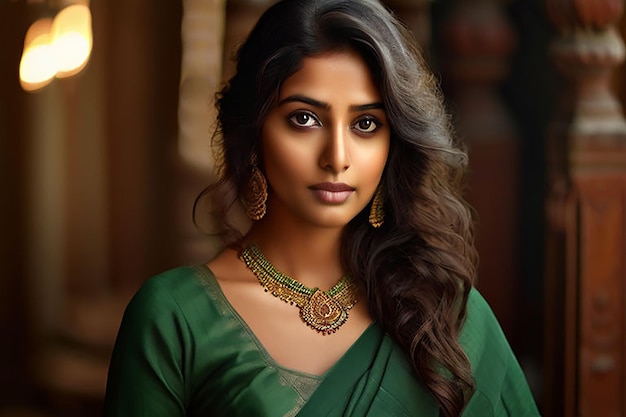 beautiful young girl wearing green saree