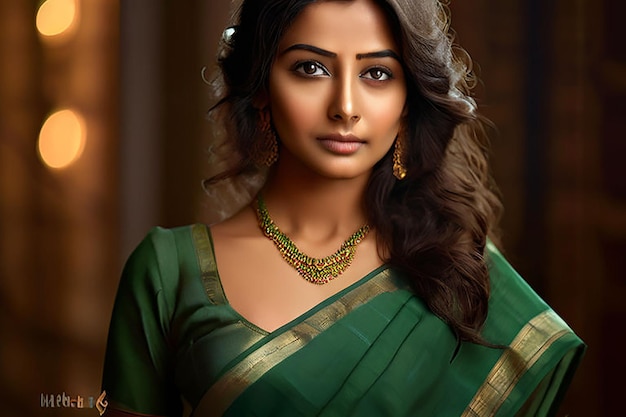 beautiful young girl wearing green saree