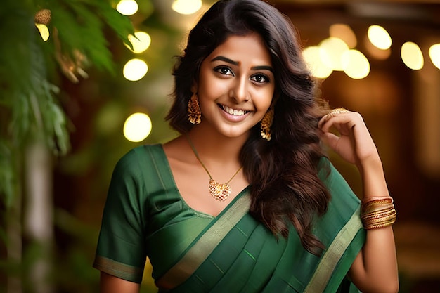 beautiful young girl wearing green saree