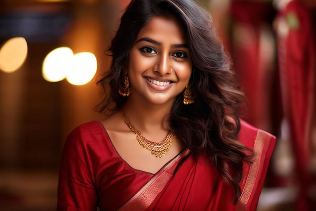 Beautiful young girl wearing red saree