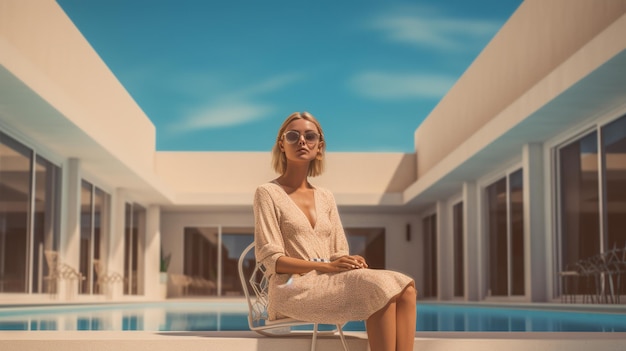 beautiful young girl in white bikini standing in front of a swimming pool attractive woman portrait