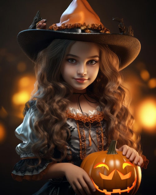 a beautiful young girl in a witch costume holding a halloween pumpkin