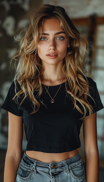 Beautiful young girl with black Tshirt Mock up