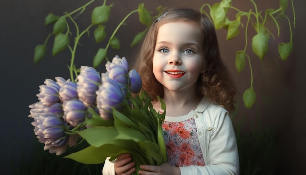 Beautiful young girl with a bunch of spring flowers