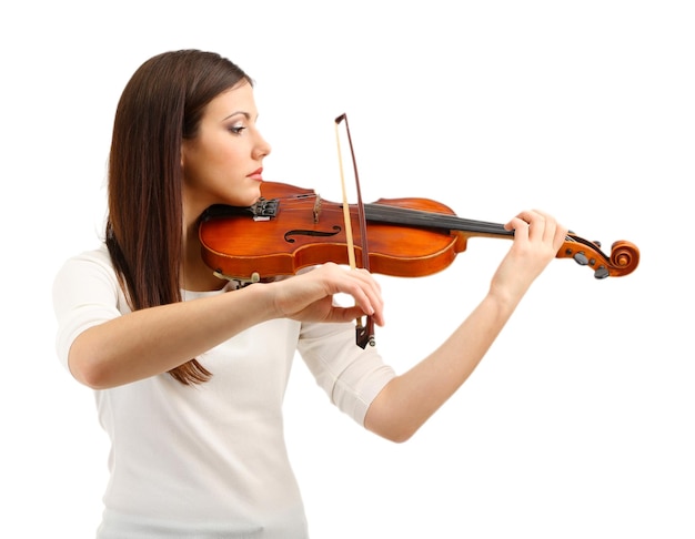 Beautiful young girl with violin isolated on white