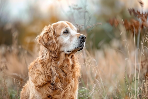 Photo beautiful young golden retriever contemplating life in field with blurred background purebred with f