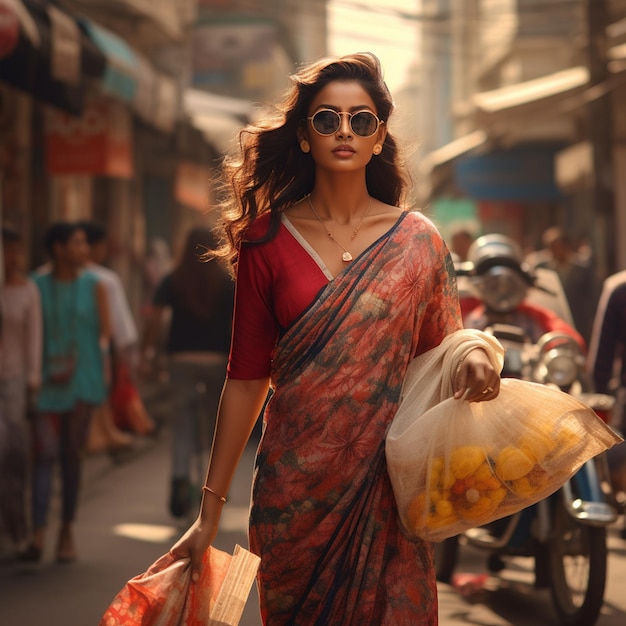 Beautiful young indian women wearing saree and sunglass haveing shopping bag on hand walking