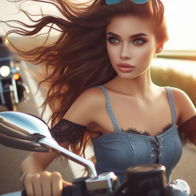 a beautiful young lady riding a sleek motorbike