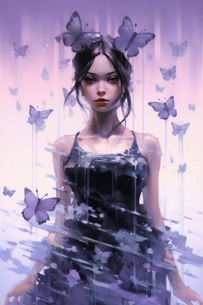 A beautiful young lady in violet tutu covered by water and butterfly AI generative