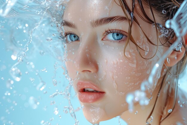 Beautiful young lady with a spray of water and clear skin Generative Ai