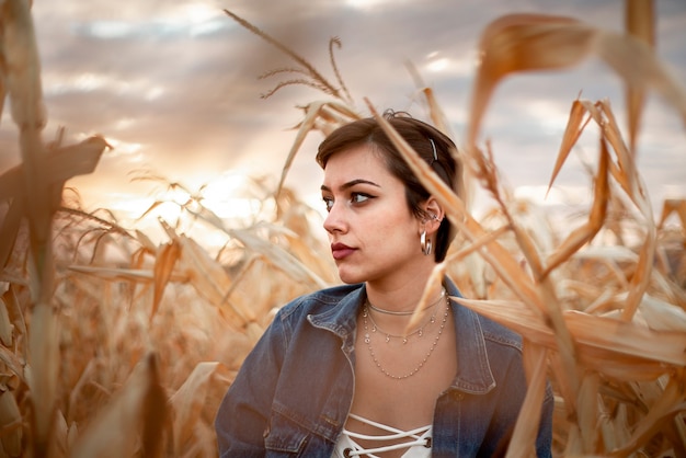 Beautiful young Latin short hair woman outdoors portrait Fashion concept Farm plantation