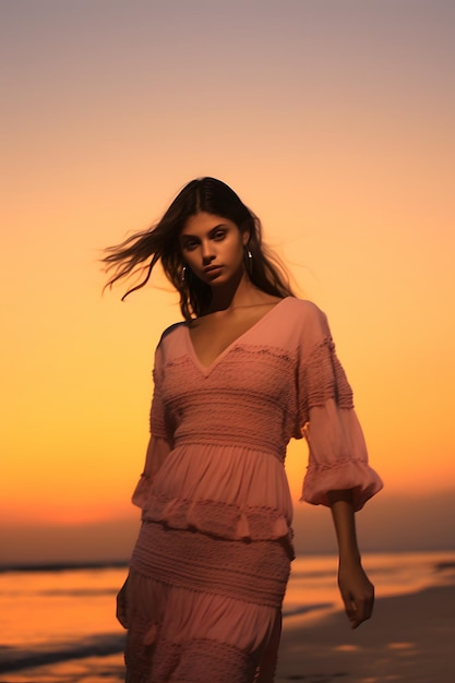 Photo beautiful young latina posing with designer dress on the beach on a beautiful sunset