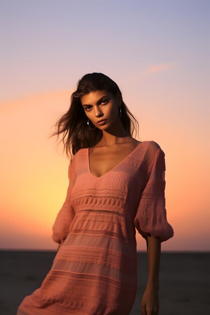 Photo beautiful young latina posing with designer dress on the beach on a beautiful sunset