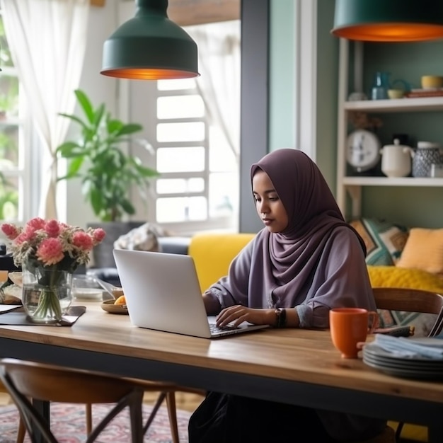 Beautiful young Malay lady using laptop in living room Generative AI