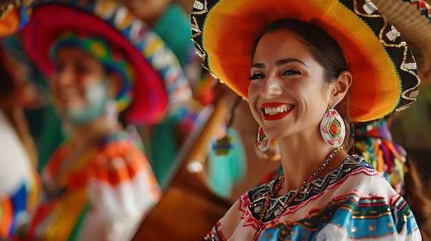 Beautiful young Mexican woman wearing a traditional colorful dress and sombrero She is smiling and looking at the camera